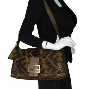 Fendi Brown Zucca Whipstitch XL Baguette
